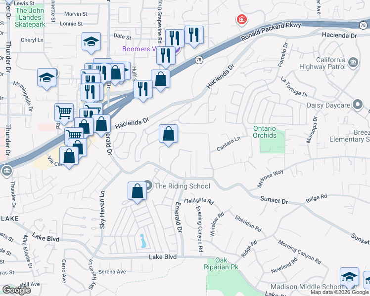 map of restaurants, bars, coffee shops, grocery stores, and more near 1937 Sunset Drive in Vista