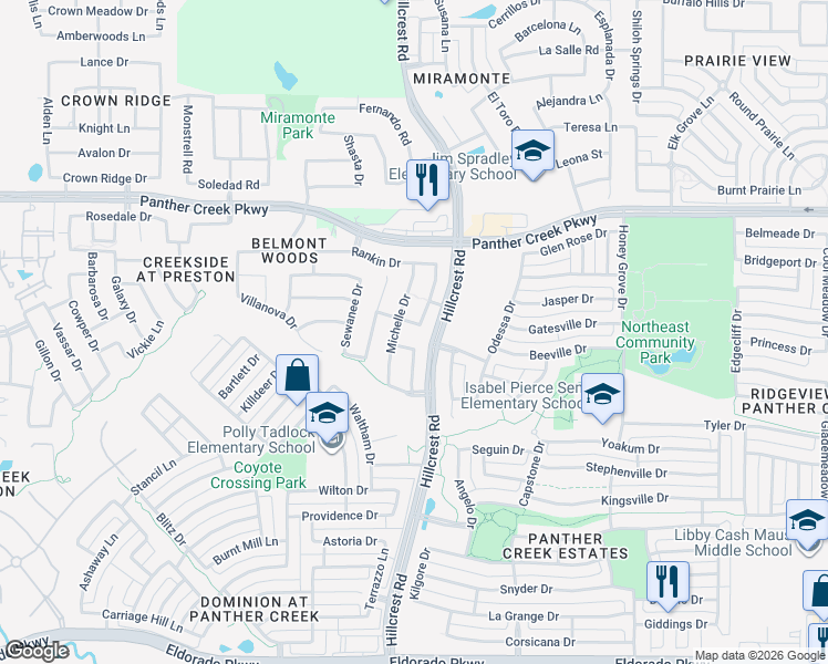 map of restaurants, bars, coffee shops, grocery stores, and more near 12974 Adela Drive in Frisco