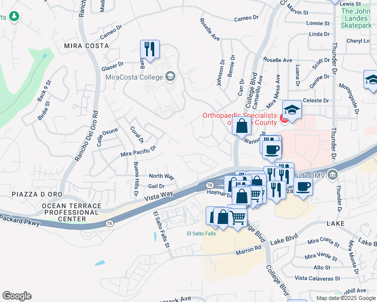 map of restaurants, bars, coffee shops, grocery stores, and more near 3564 Meadow Lane in Oceanside