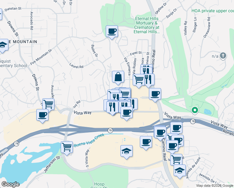 map of restaurants, bars, coffee shops, grocery stores, and more near 2513 Woodlands Way in Oceanside
