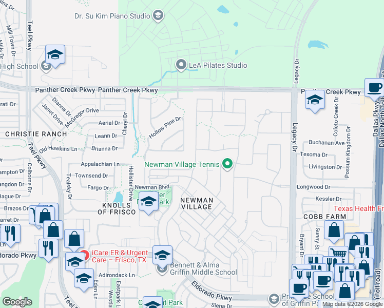 map of restaurants, bars, coffee shops, grocery stores, and more near 12981 Terlingua Creek Drive in Frisco