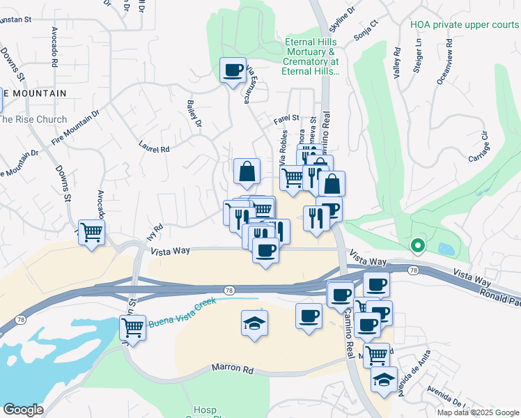map of restaurants, bars, coffee shops, grocery stores, and more near 2239 Via Esmarca in Oceanside