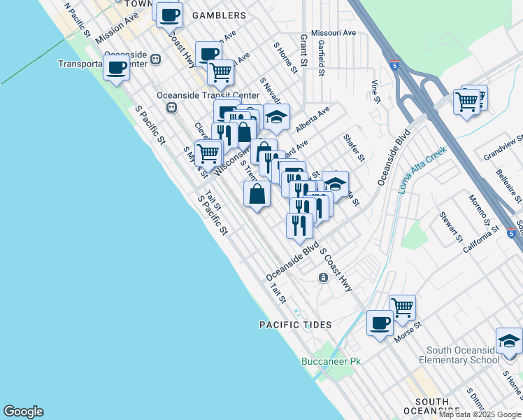 map of restaurants, bars, coffee shops, grocery stores, and more near 1016 South Tremont Street in Oceanside