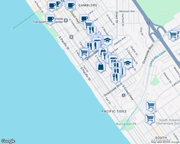 map of restaurants, bars, coffee shops, grocery stores, and more near in Oceanside