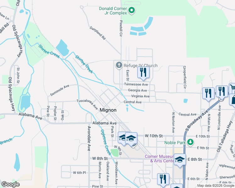 map of restaurants, bars, coffee shops, grocery stores, and more near 27 Creek Street in Sylacauga