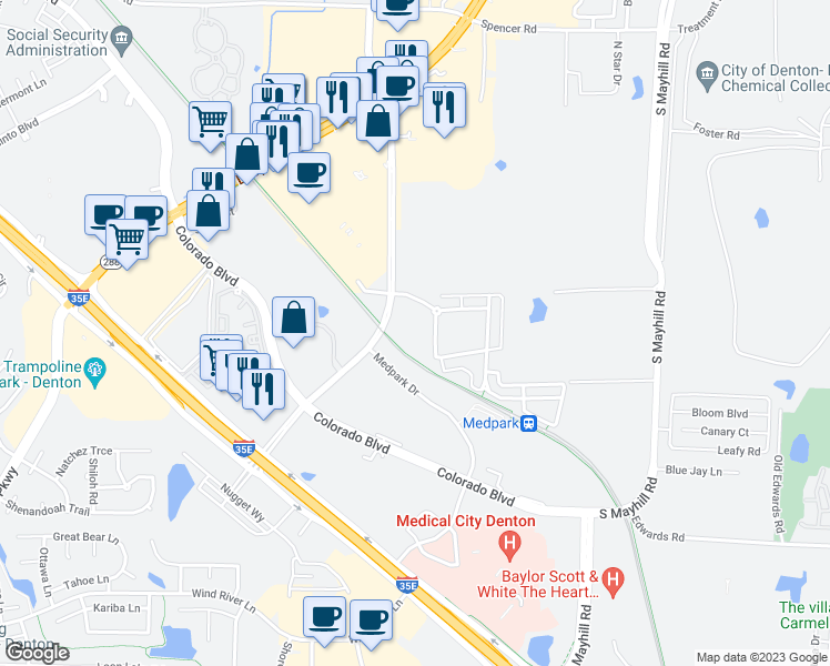 map of restaurants, bars, coffee shops, grocery stores, and more near 2125 Brinker Road in Denton