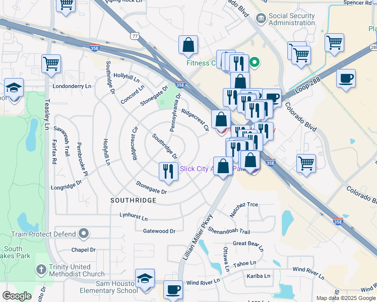 map of restaurants, bars, coffee shops, grocery stores, and more near 104 Ridgecrest Circle in Denton