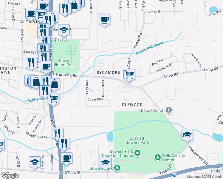 map of restaurants, bars, coffee shops, grocery stores, and more near 9 Cedar Knoll in Tuscaloosa