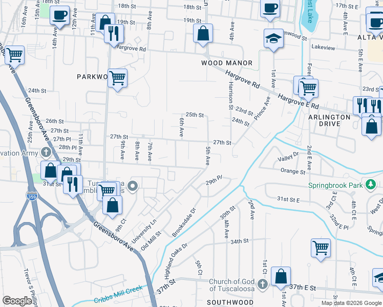 map of restaurants, bars, coffee shops, grocery stores, and more near 2705 Prince Circle in Tuscaloosa