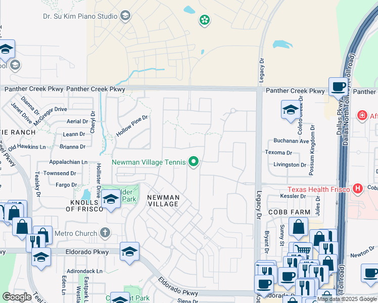 map of restaurants, bars, coffee shops, grocery stores, and more near 12970 Mahogany Court in Frisco
