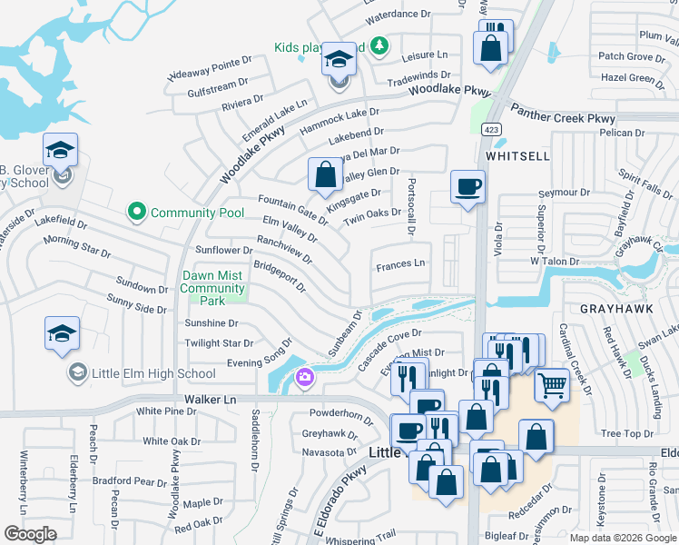map of restaurants, bars, coffee shops, grocery stores, and more near 2441 Elm Valley Drive in Little Elm