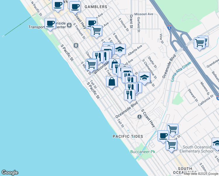 map of restaurants, bars, coffee shops, grocery stores, and more near 1009 South Cleveland Street in Oceanside