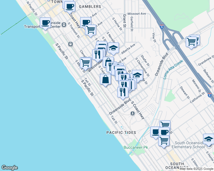 map of restaurants, bars, coffee shops, grocery stores, and more near 1020 South Cleveland Street in Oceanside
