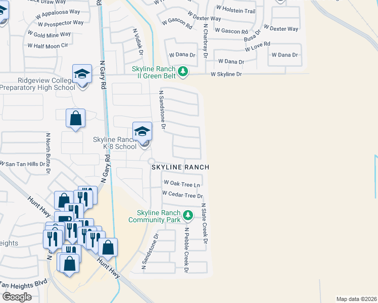 map of restaurants, bars, coffee shops, grocery stores, and more near 725 West Green Tree Drive in Queen Creek