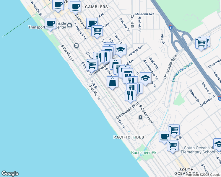 map of restaurants, bars, coffee shops, grocery stores, and more near 1009 South Cleveland Street in Oceanside