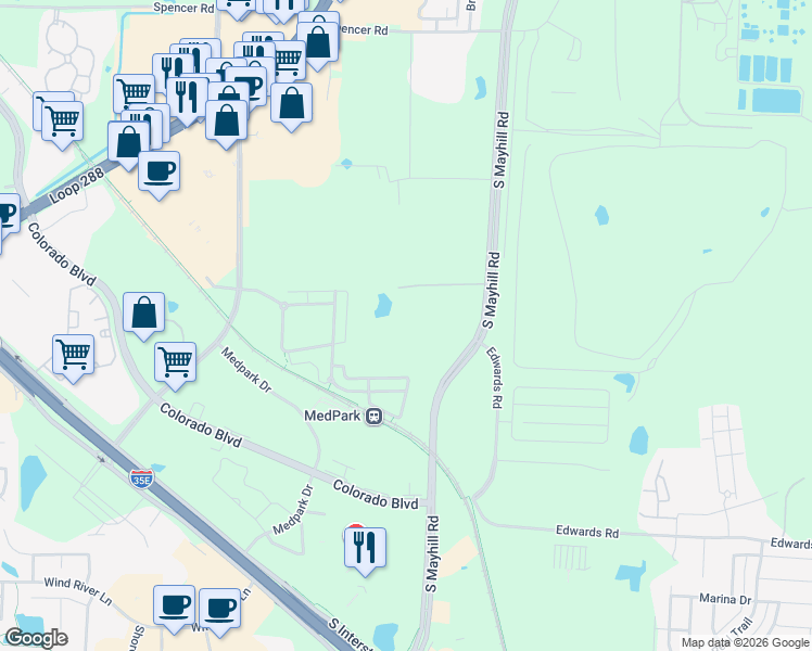 map of restaurants, bars, coffee shops, grocery stores, and more near 2100 South Mayhill Road in Denton
