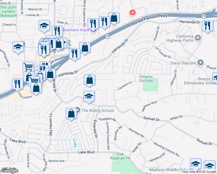 map of restaurants, bars, coffee shops, grocery stores, and more near 1863 Sunset Drive in Vista