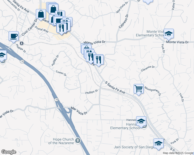 map of restaurants, bars, coffee shops, grocery stores, and more near 1384 Mesquite Drive in Vista