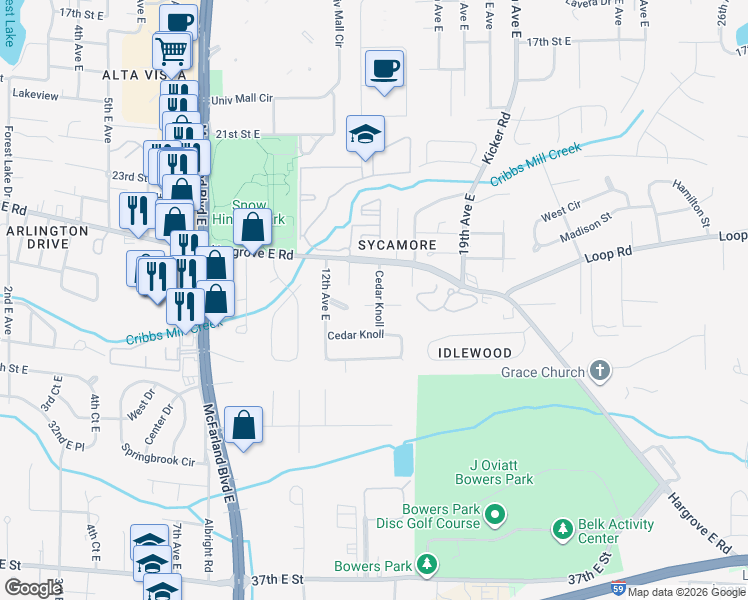 map of restaurants, bars, coffee shops, grocery stores, and more near 9 Cedar Knoll in Tuscaloosa