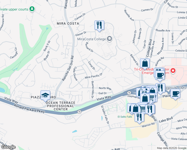 map of restaurants, bars, coffee shops, grocery stores, and more near 3230 Buena Hills Drive in Oceanside