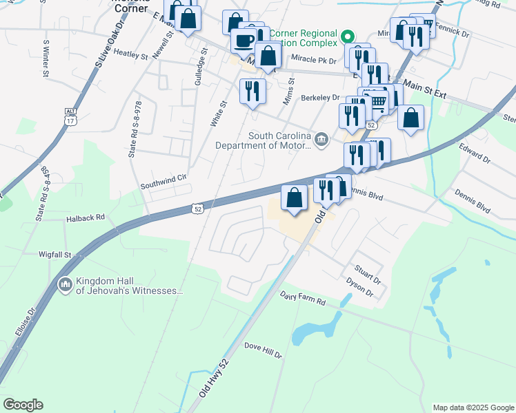 map of restaurants, bars, coffee shops, grocery stores, and more near 543 Birchwood Drive in Moncks Corner