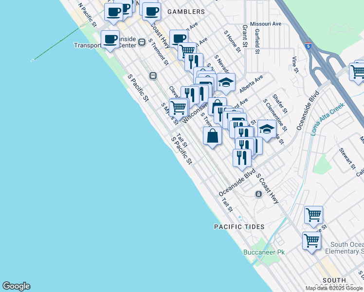 map of restaurants, bars, coffee shops, grocery stores, and more near 834 South Pacific Street in Oceanside