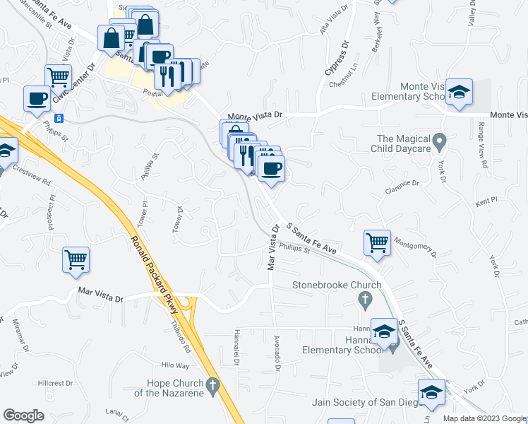 map of restaurants, bars, coffee shops, grocery stores, and more near 1374 Palo Verde Way in Vista
