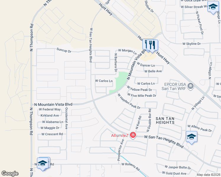 map of restaurants, bars, coffee shops, grocery stores, and more near 3729 West Carlos Lane in Queen Creek