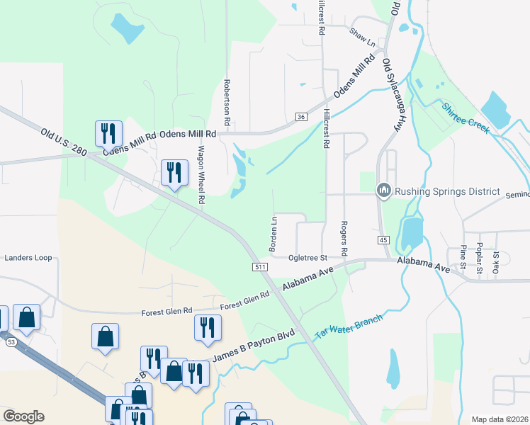 map of restaurants, bars, coffee shops, grocery stores, and more near 207 Borden Lane in Sylacauga