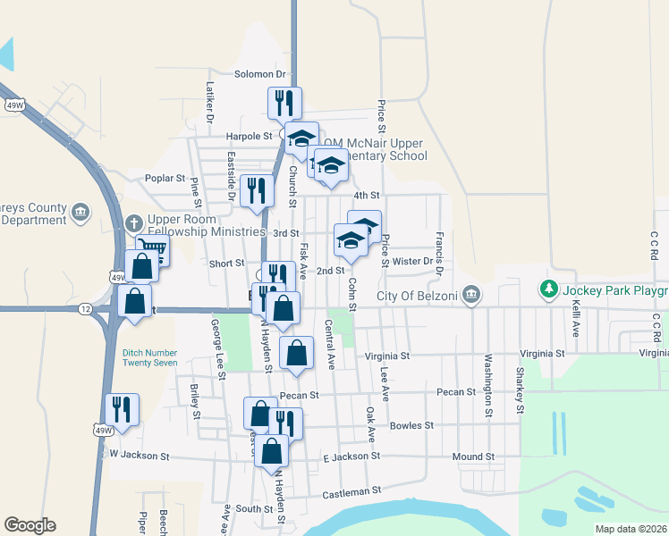 map of restaurants, bars, coffee shops, grocery stores, and more near 716 Central Street in Belzoni