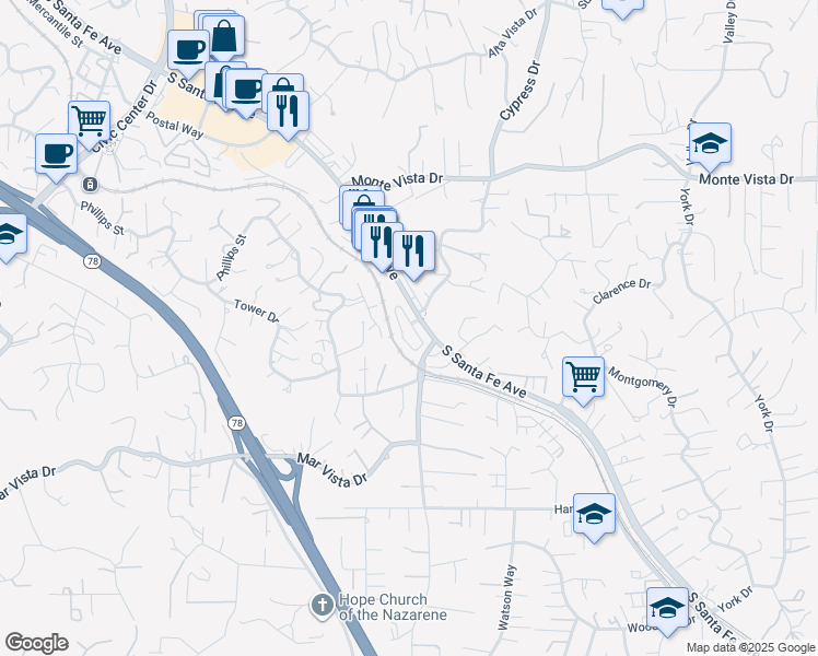 map of restaurants, bars, coffee shops, grocery stores, and more near 1332 Mesquite Drive in Vista