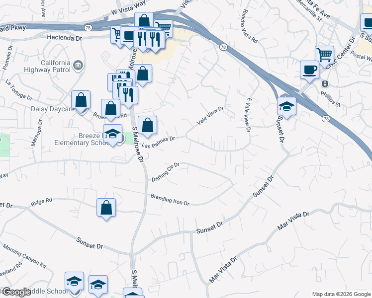 map of restaurants, bars, coffee shops, grocery stores, and more near 775 Vale View Drive in Vista