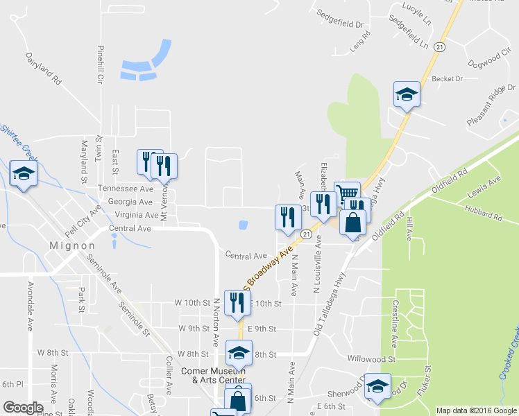 map of restaurants, bars, coffee shops, grocery stores, and more near 301 13th Street in Sylacauga
