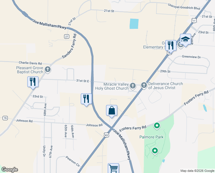 map of restaurants, bars, coffee shops, grocery stores, and more near 5969-6209 31st Street in Tuscaloosa