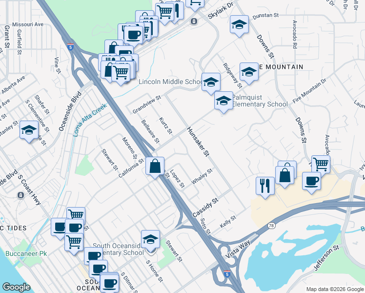 map of restaurants, bars, coffee shops, grocery stores, and more near 1519 Kurtz Street in Oceanside