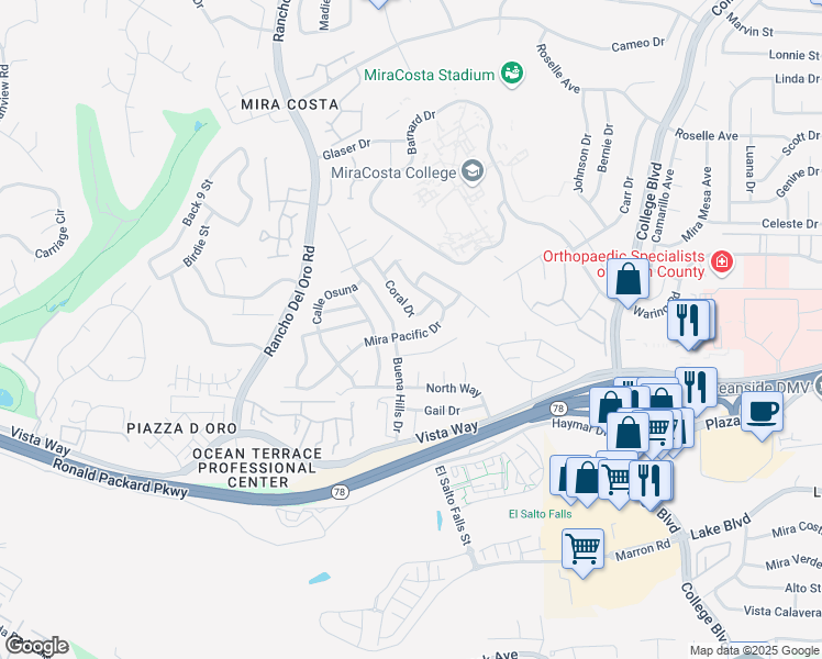 map of restaurants, bars, coffee shops, grocery stores, and more near 3648 Mira Pacific Drive in Oceanside