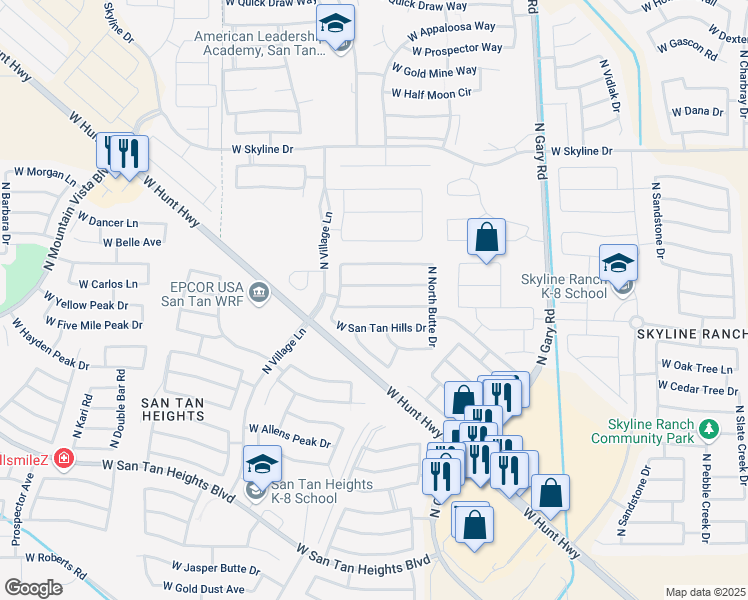 map of restaurants, bars, coffee shops, grocery stores, and more near 2124 West Agrarian Hills Drive in Queen Creek