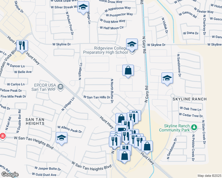 map of restaurants, bars, coffee shops, grocery stores, and more near 1906 West Agrarian Hills Drive in Queen Creek