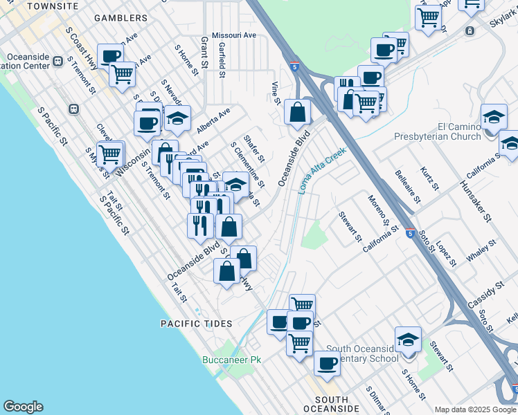 map of restaurants, bars, coffee shops, grocery stores, and more near 1145 South Nevada Street in Oceanside
