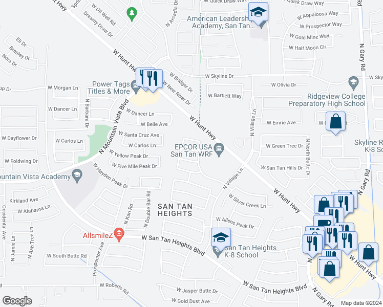map of restaurants, bars, coffee shops, grocery stores, and more near 2797 West San Carlos Lane in Queen Creek