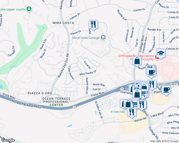 map of restaurants, bars, coffee shops, grocery stores, and more near 3648 Mira Pacific Drive in Oceanside