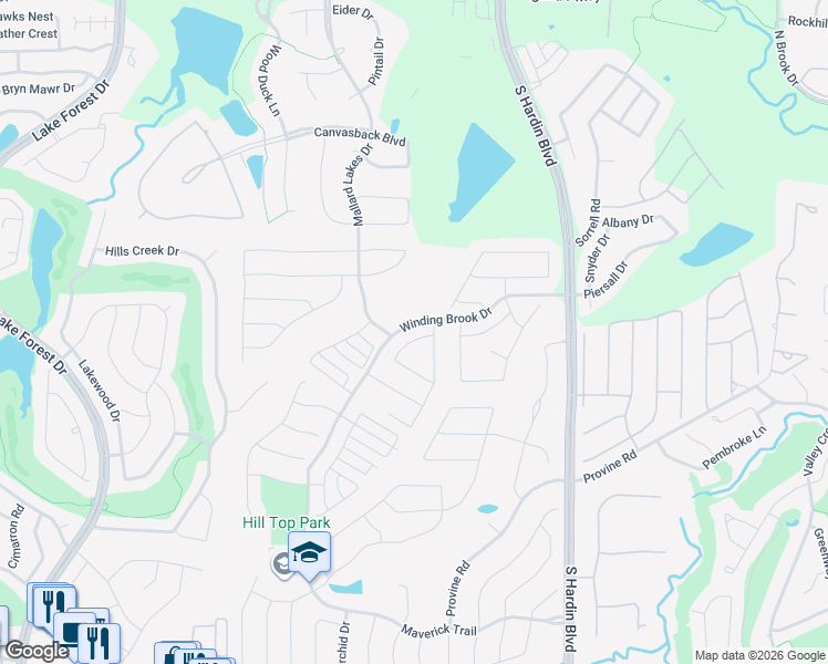 map of restaurants, bars, coffee shops, grocery stores, and more near 1550 Winding Brook Drive in McKinney