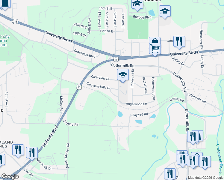 map of restaurants, bars, coffee shops, grocery stores, and more near 5730 Clearview Hills Drive in Cottondale