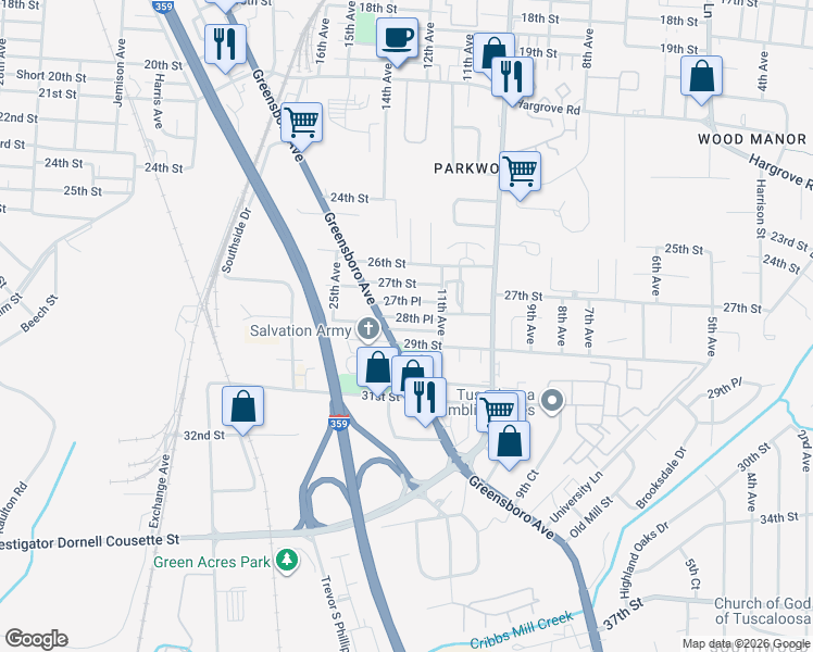 map of restaurants, bars, coffee shops, grocery stores, and more near 1126 28th Pl in Tuscaloosa