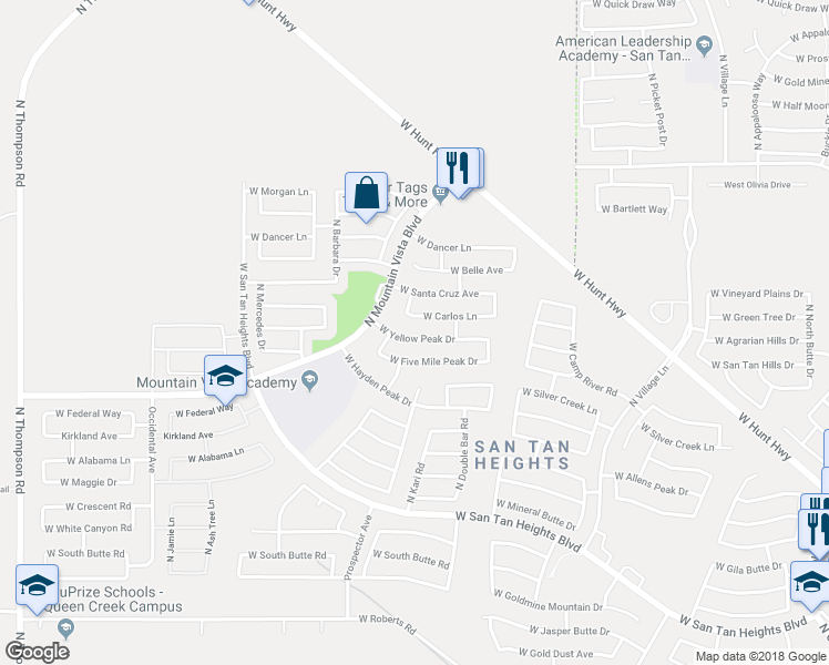 map of restaurants, bars, coffee shops, grocery stores, and more near 3320 West Yellow Peak Drive in Queen Creek