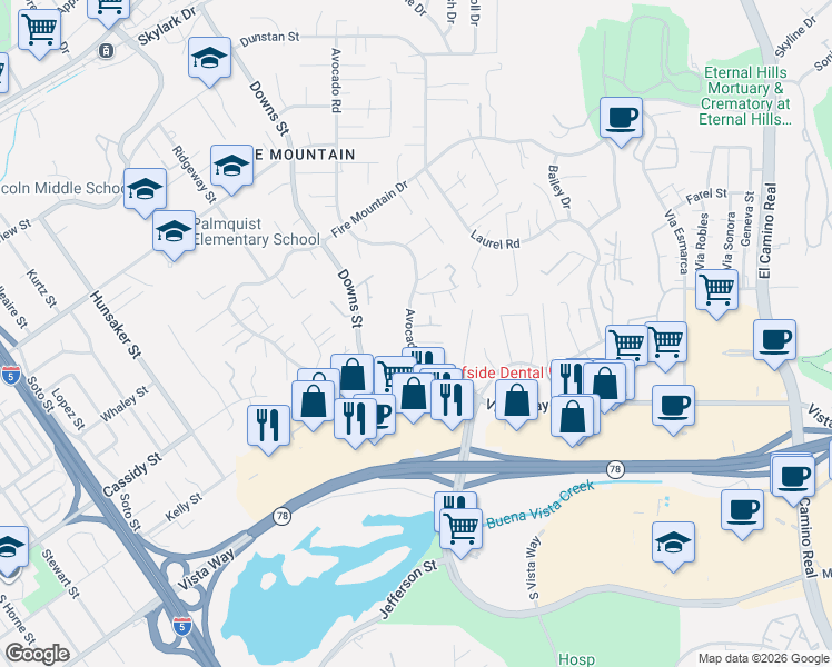 map of restaurants, bars, coffee shops, grocery stores, and more near 1837 Avocado Road in Oceanside