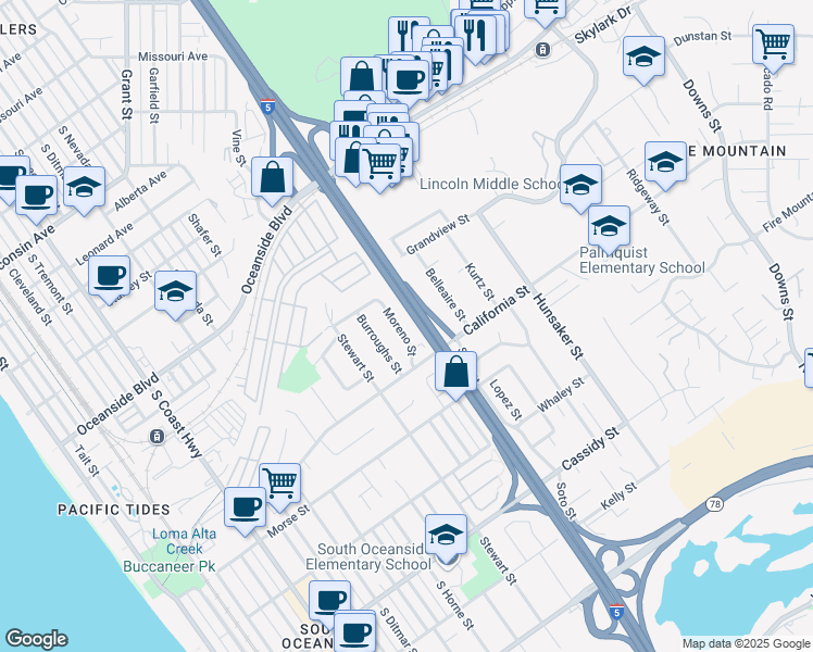 map of restaurants, bars, coffee shops, grocery stores, and more near 1454 Moreno Street in Oceanside