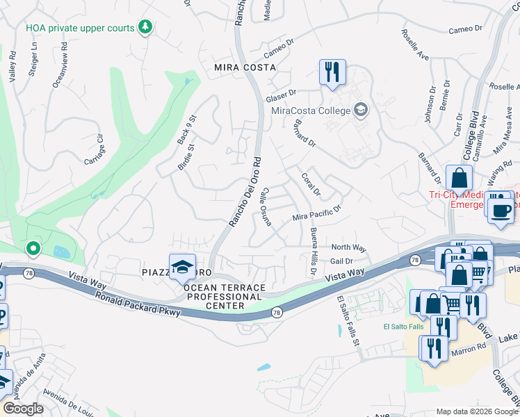 map of restaurants, bars, coffee shops, grocery stores, and more near 3191 Calle Osuna in Oceanside