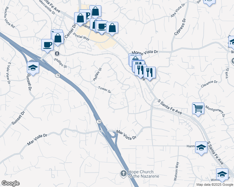 map of restaurants, bars, coffee shops, grocery stores, and more near 1210 Tower Drive in Vista