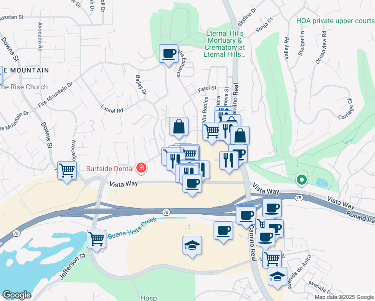 map of restaurants, bars, coffee shops, grocery stores, and more near 2239 Via Esmarca in Oceanside